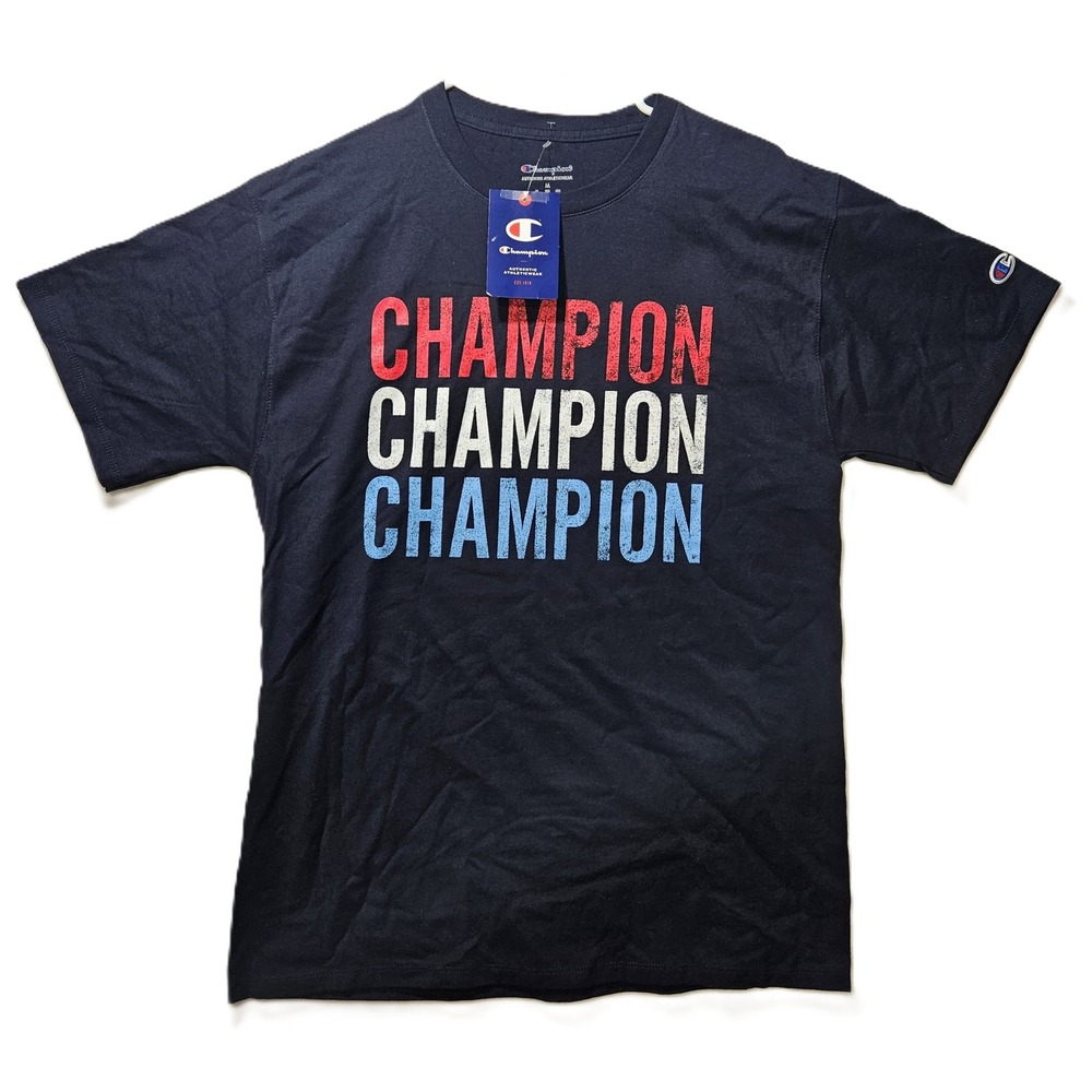Champion Men's Graphic Tri-Color Logo T-Shirt, Navy Blue, MD, Cotton, NEW